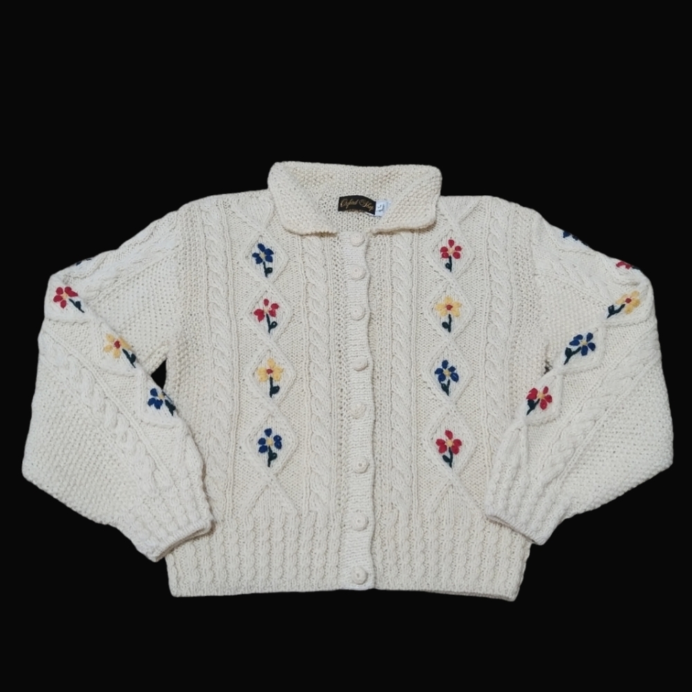 Vintage Oxford Shop Handknit Wool Floral Button Down Granny Core Cardigan